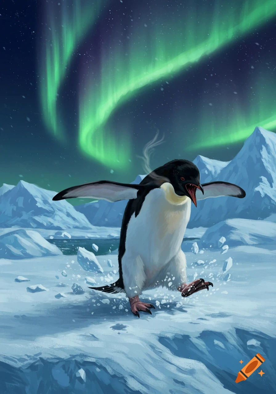 An angry penguin stomps on ice, breaking it, under a vibrant green aurora borealis in an arctic landscape.