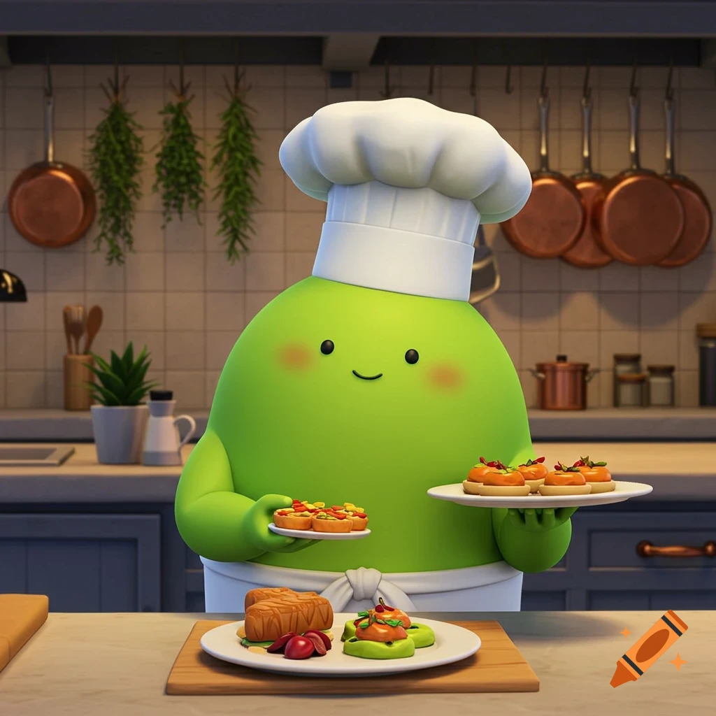 A cute, round, green cartoon chef wearing a white hat and apron holds plates of appetizers in a kitchen.