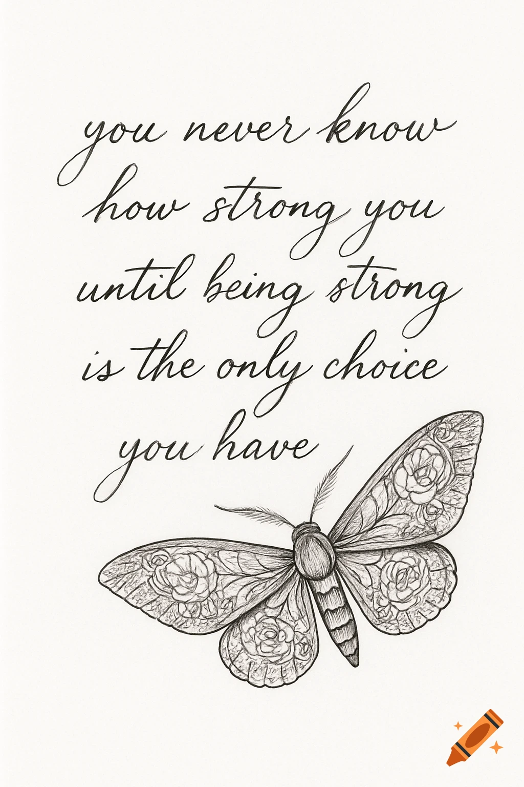 A black ink drawing of a moth with floral patterns on its wings and a cursive quote on a white background.