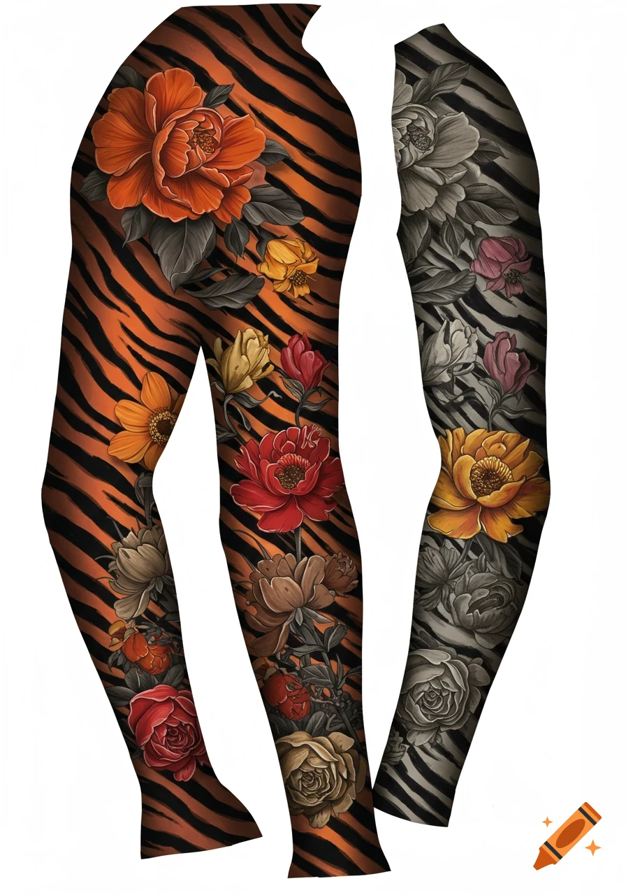 Illustrative design of legs and an arm sleeve covered in orange and black tiger stripes with colorful floral patterns.