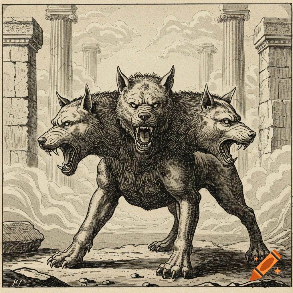 A fierce three-headed Cerberus stands in ancient ruins amidst clouds, rendered in the style of an 18th-century engraving.