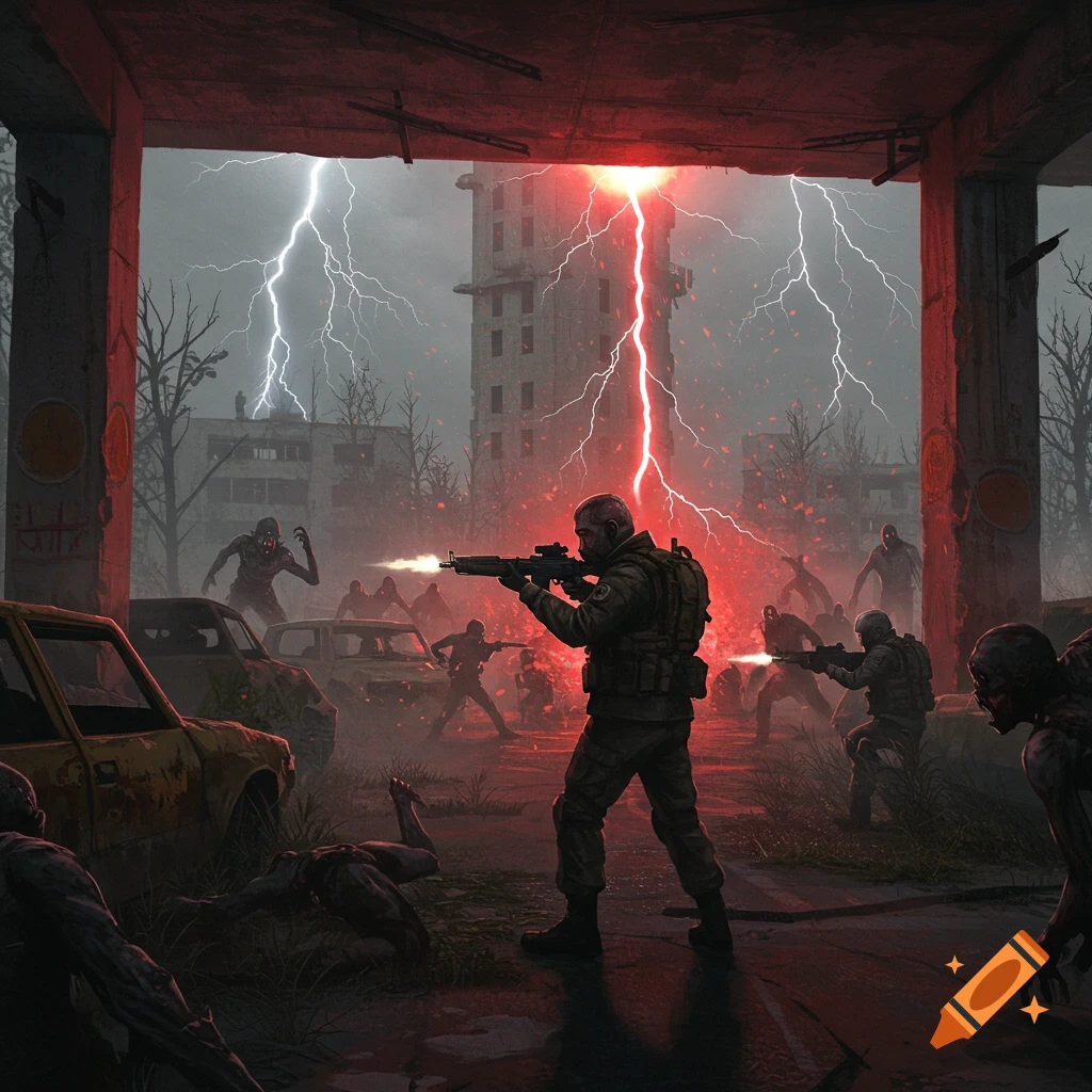 Soldiers battle mutants in a ruined, stormy city illuminated by red and white lightning, in a dark, gritty style.