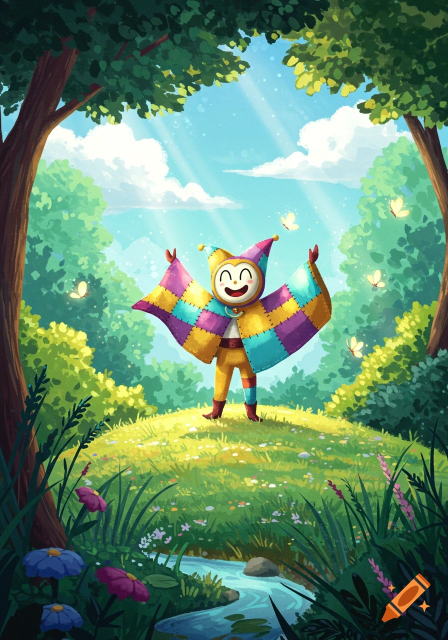 A cheerful character in a colorful patchwork jester costume stands in a sunny forest clearing with butterflies, stream, and flowers, in an illustration style.