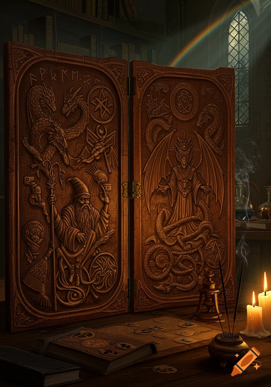 A detailed carved wooden DM screen stands open on a desk, depicting dragons, a wizard, and a winged demon. Candles, incense, and a book are on the table, with a rainbow visible through a window in the background.