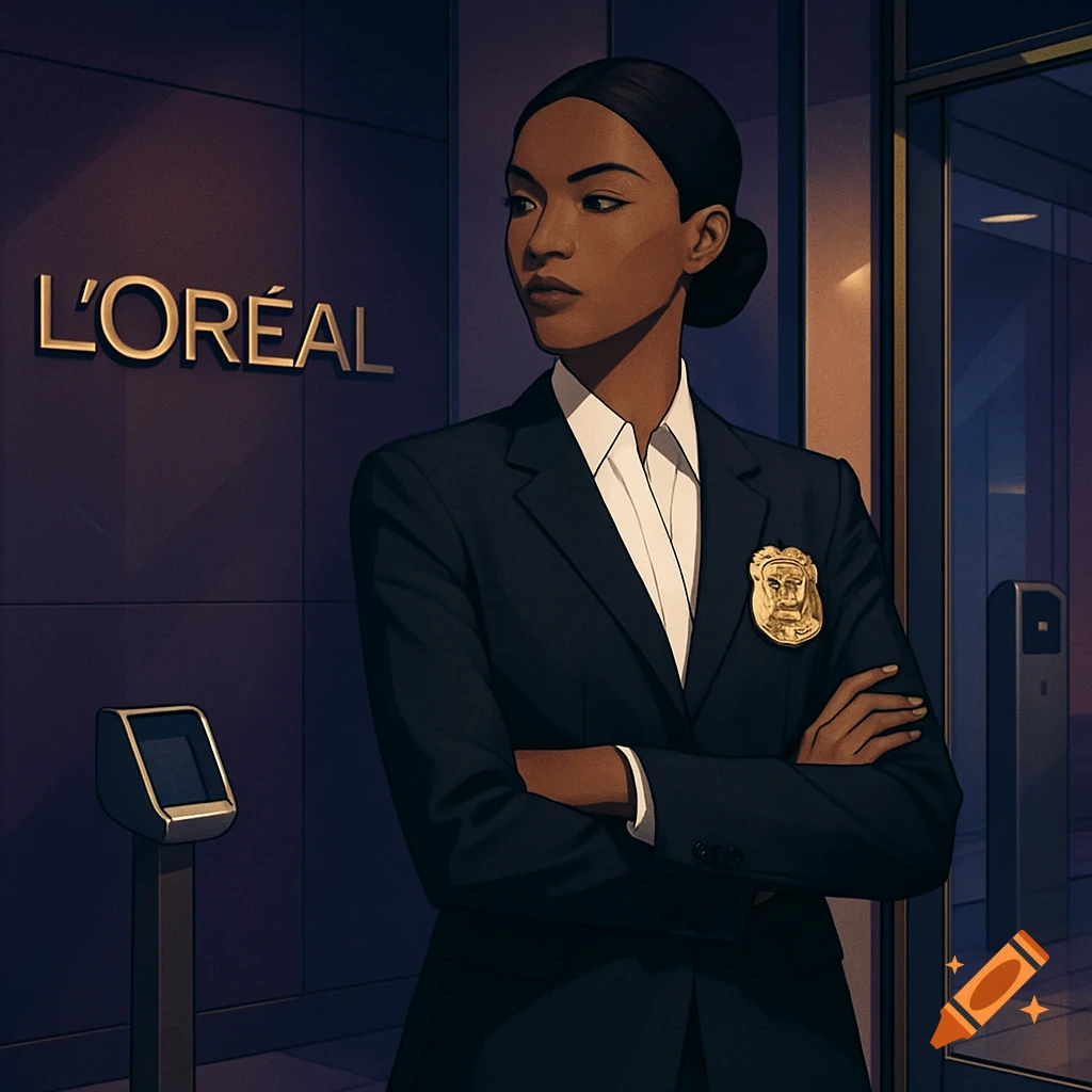 An illustration of a woman in a dark suit with a badge, standing in front of a wall with the L'ORÉAL logo.