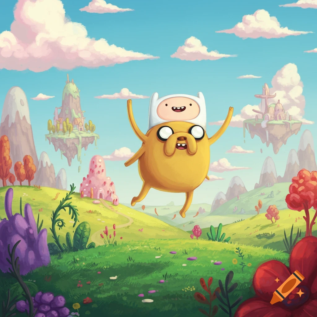 Cartoon characters Finn and Jake floating in a colorful fantasy landscape with whimsical structures and floating islands.
