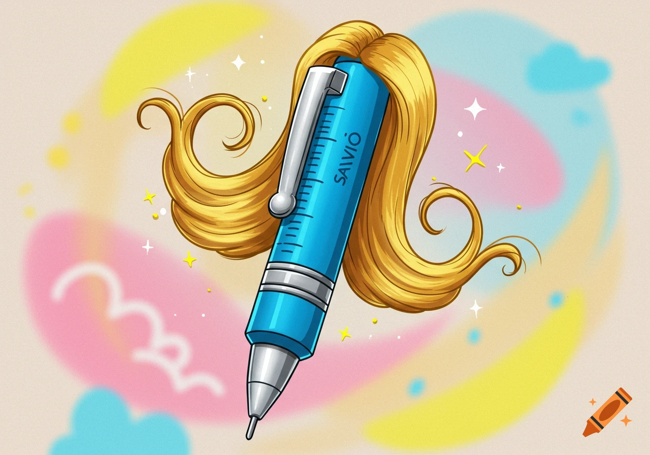 Cartoon illustration of a blue pen with long blonde hair, set against a colorful, whimsical background.