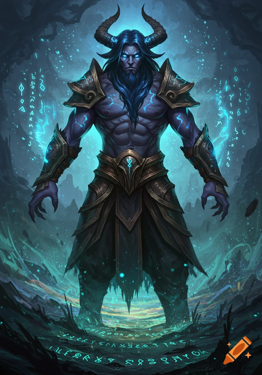 A formidable blue-skinned horned warlock with glowing eyes and armor stands in a mystical cavern filled with glowing runes.