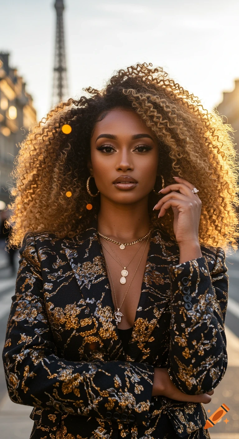 Photorealistic portrait of a caramel-skinned woman with a curly blonde afro, wearing a black and gold blazer and layered gold necklaces, standing on a Parisian street with the Eiffel Tower in the background during golden hour.