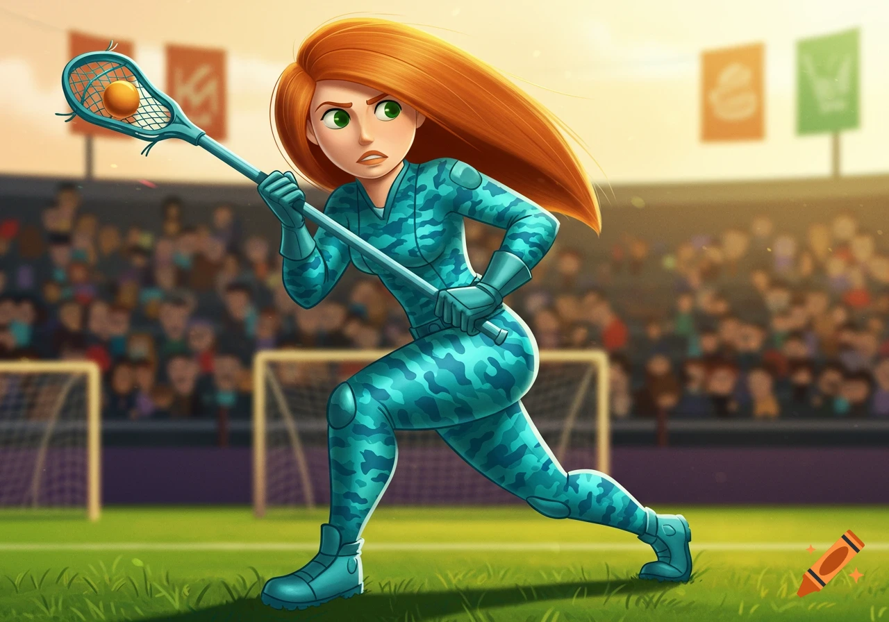Cartoon illustration of Kim Possible in a tight cyan camo suit, holding a lacrosse stick on a sports field with a stadium background.
