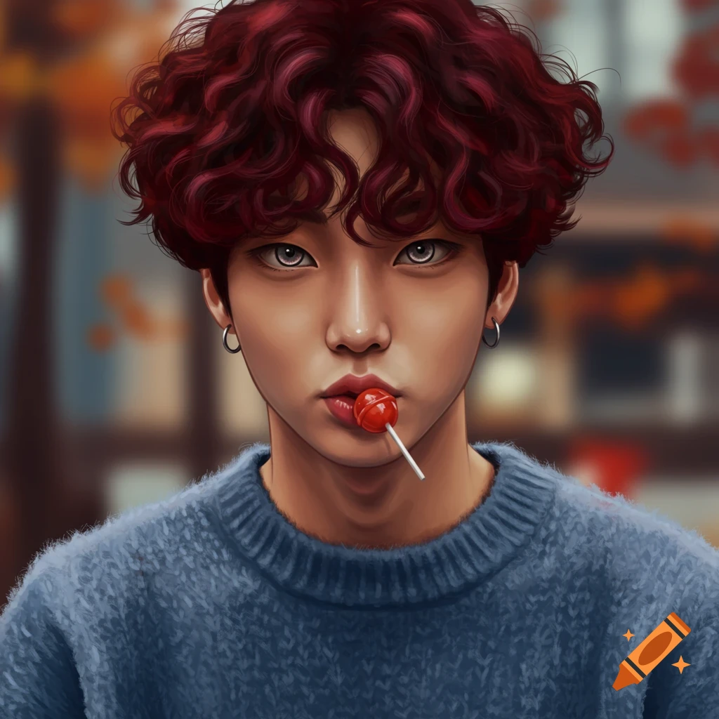 A digital art portrait of a young man with curly dark red hair and cat-like eyes, wearing a blue sweater and holding a red lollipop in his mouth.
