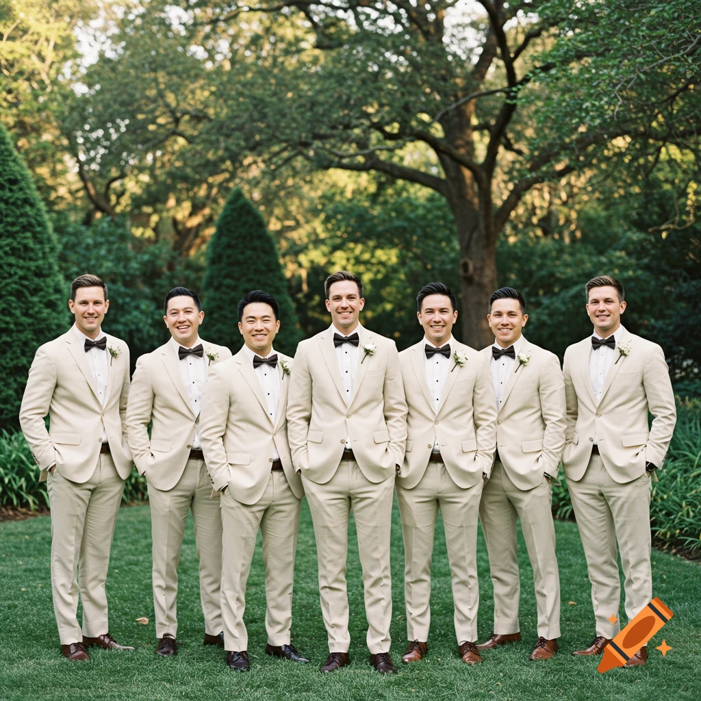 Six men in cream-colored suits and black bow ties stand on a green lawn with trees in the background, smiling.