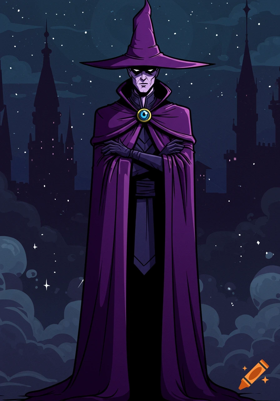 A male character in a purple cloak and pointed wizard hat stands with arms crossed against a dark, starry night sky and silhouetted castles in a cartoony style.