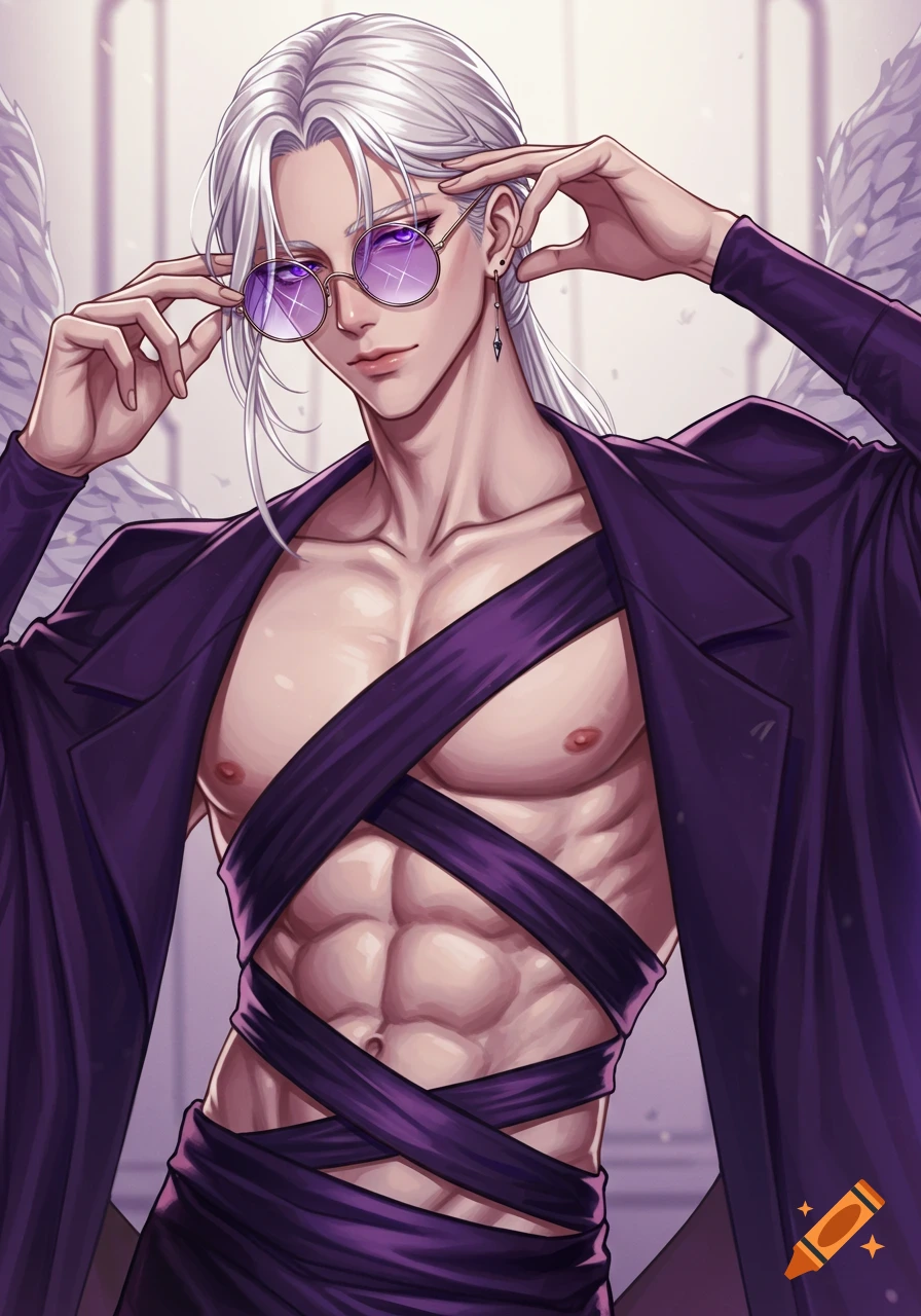Anime male character with white hair and purple eyes, adjusting purple sunglasses. He wears an open purple jacket revealing a muscular torso wrapped in purple straps, with white wings visible.