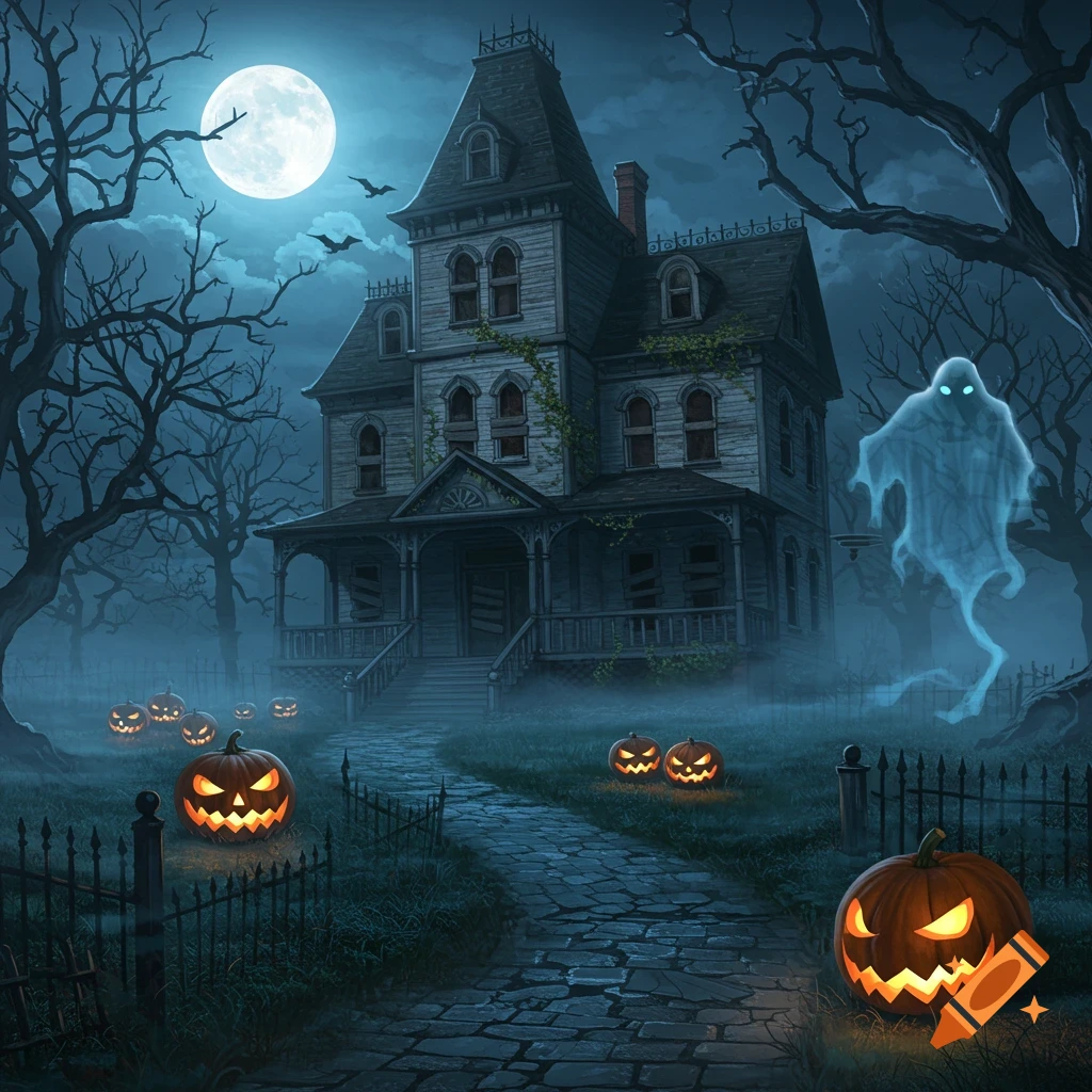 A spooky haunted house at night under a full moon, with glowing jack-o'-lanterns along a path and a translucent ghost floating nearby.