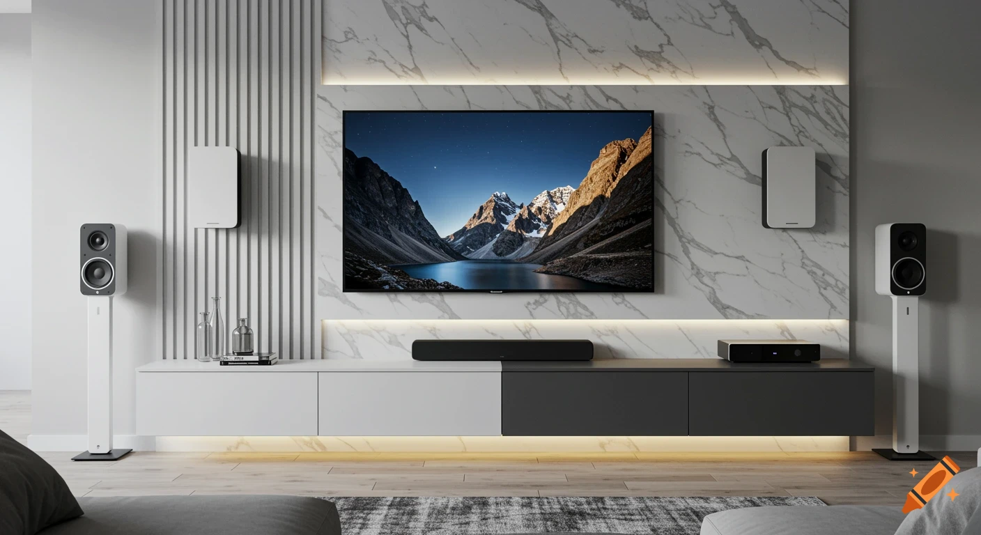 A modern living room features a sleek TV media wall with a large mounted TV displaying a mountain lake scene, flanked by white speakers and a floating cabinet with LED lighting.