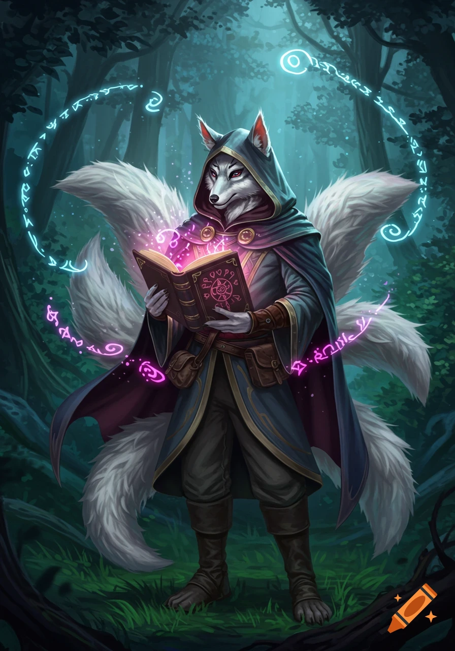 A silver-furred kitsune wearing a dark cloak and hood reads a glowing magical book in a mystical forest.