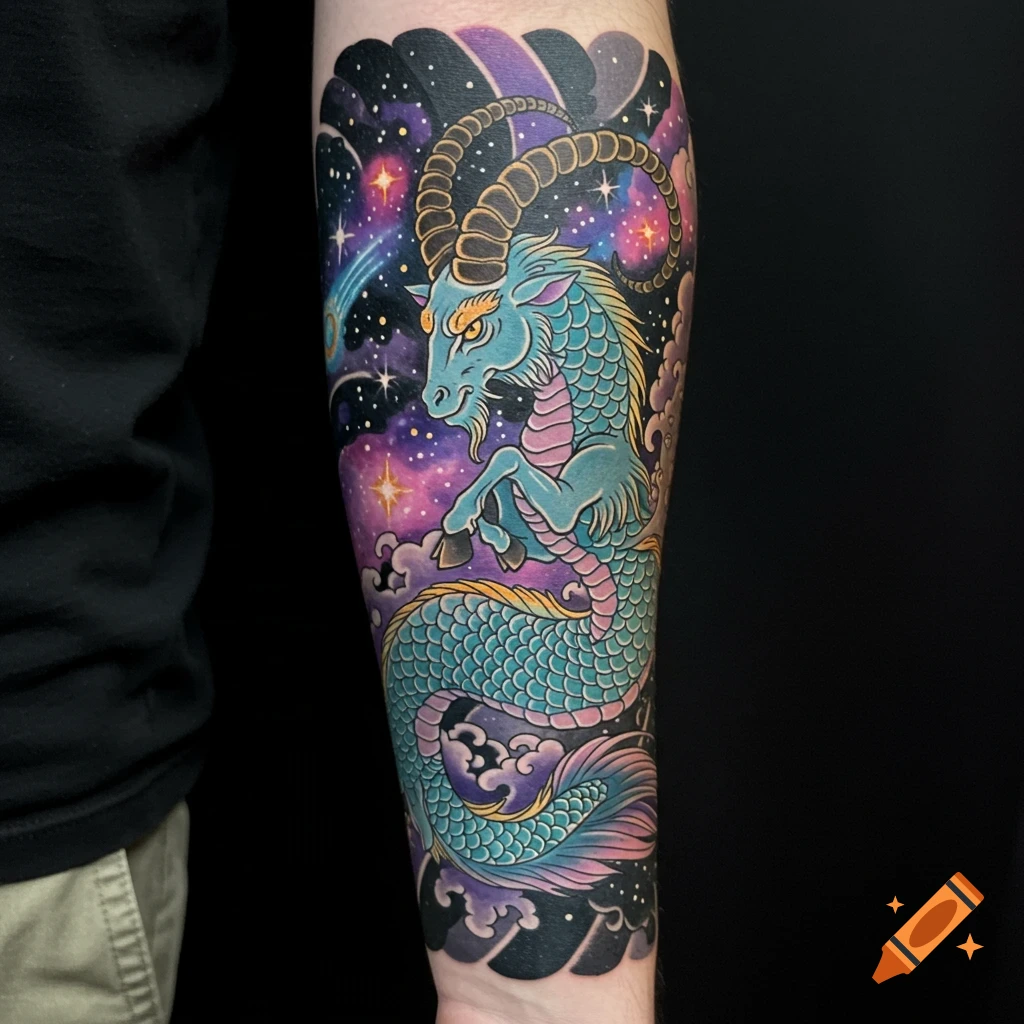 A colorful Capricorn goat-fish tattoo on an arm, set against a vibrant cosmic background with stars and nebulae.