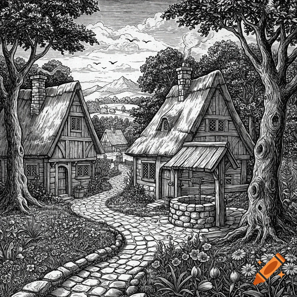 Black and white woodcut of a medieval village scene with thatched-roof houses, a winding path, a stone well, and lush trees.