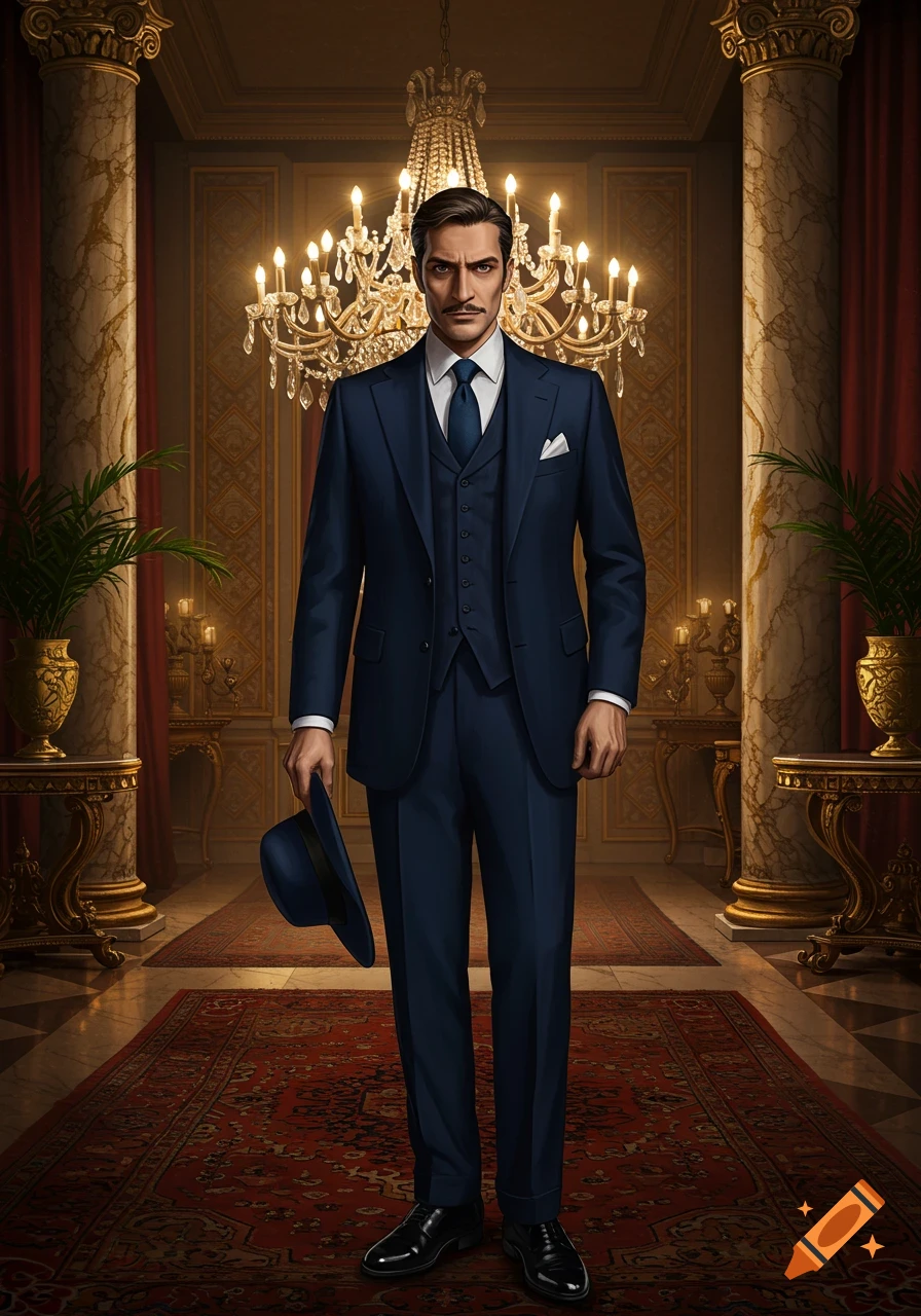 A dapper man in a navy suit holding a hat stands in an opulent room with a large chandelier.