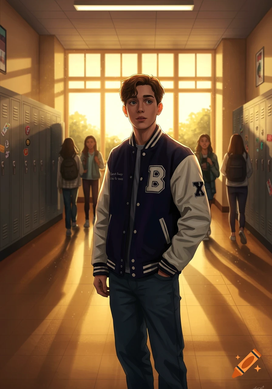 A young male high school student in a letterman jacket stands in a sunlit school hallway, in an animated style.
