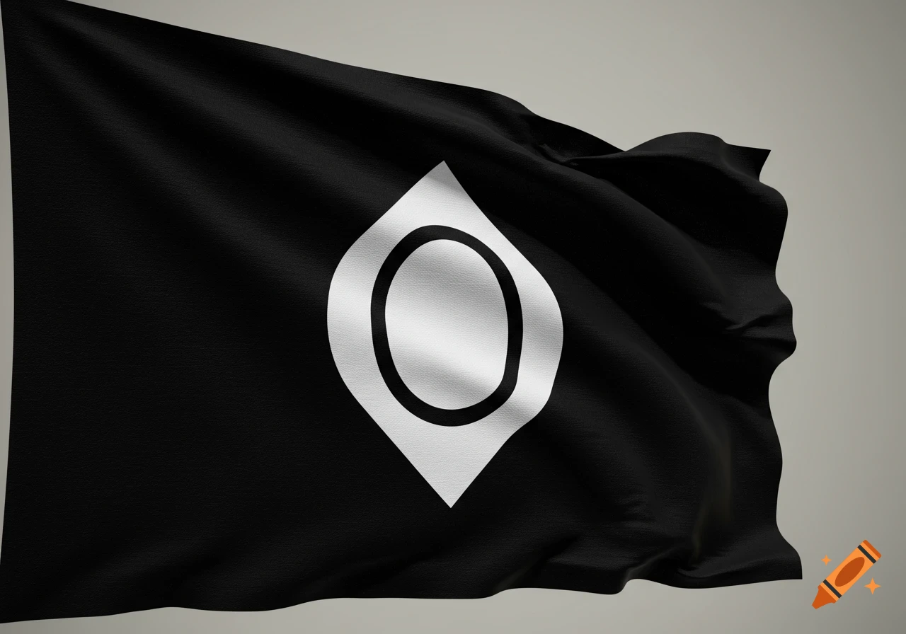 A black flag with a white vesica piscis symbol, rendered with realistic fabric folds.
