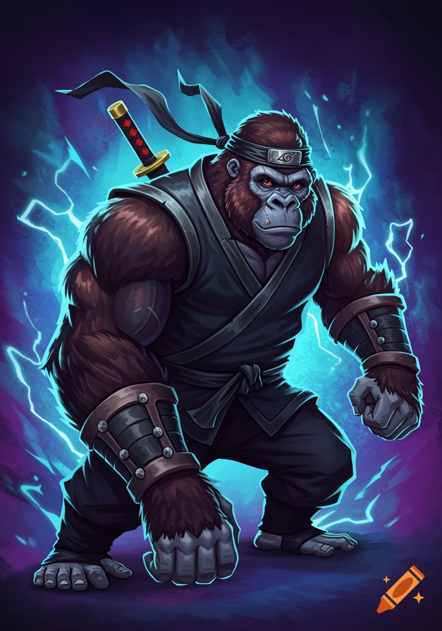 A muscular cartoon gorilla dressed as a ninja, with a samurai sword, standing in a dynamic pose against a background of blue lightning.