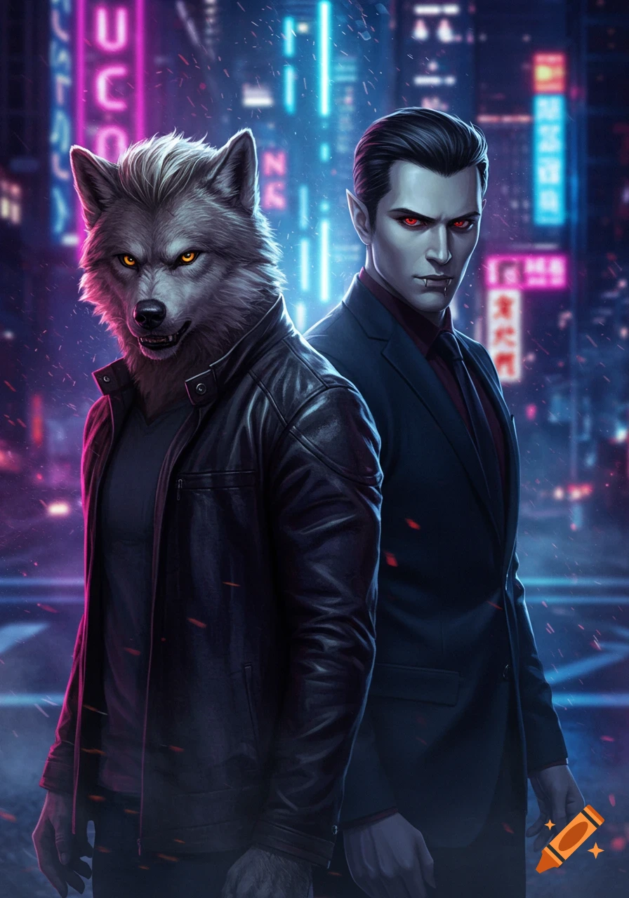 A male werewolf in a leather jacket and a male vampire in a suit stand in a neon-lit modern city.