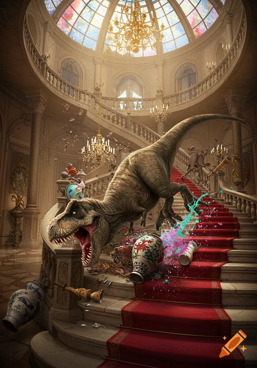 A photorealistic T-Rex crashes down a grand, ornate staircase, shattering vases and splashing colorful liquids.