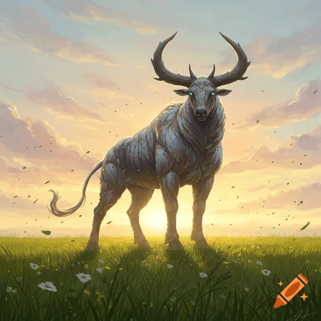 A powerful, mystical bull-like creature with large horns and glowing blue eyes stands in a vibrant green field at sunset.
