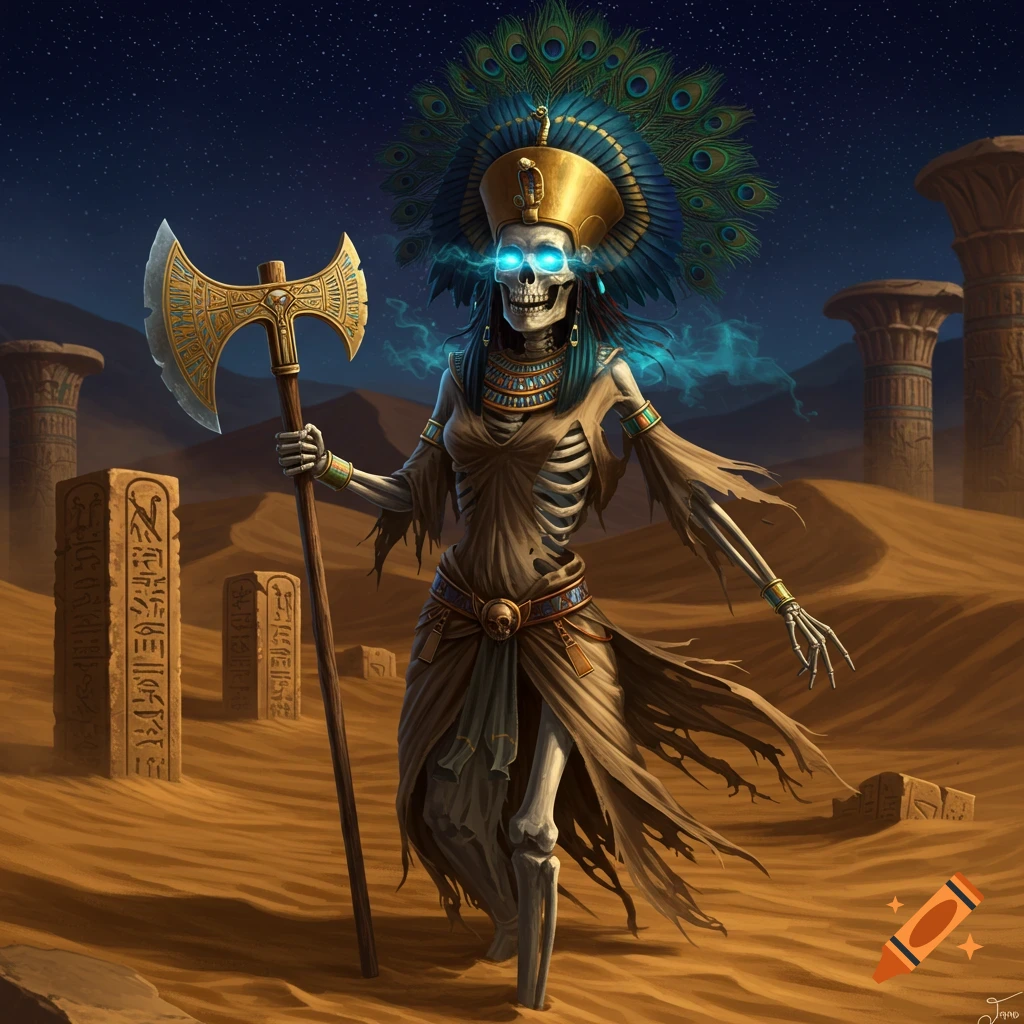 A skeletal figure with glowing blue eyes and an ornate Egyptian headdress, holding an axe in a desert at night with ancient pillars.
