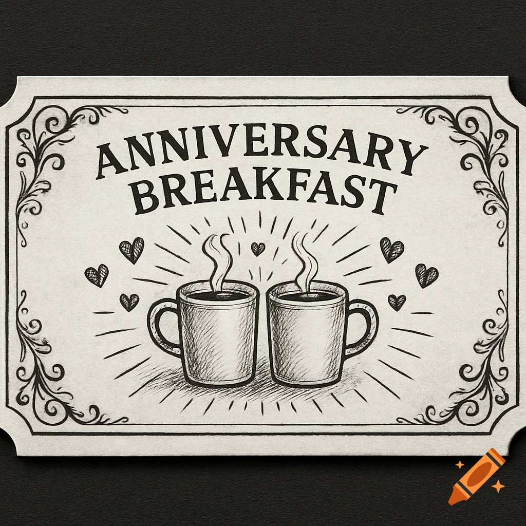 Black and white sketch illustration of two steaming coffee mugs with hearts and 'Anniversary Breakfast' text, framed in a decorative border.