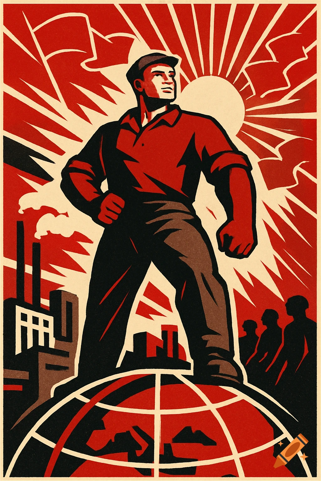 A male figure in red and black, standing on a globe with a factory in the background, in a Soviet-era propaganda art style.