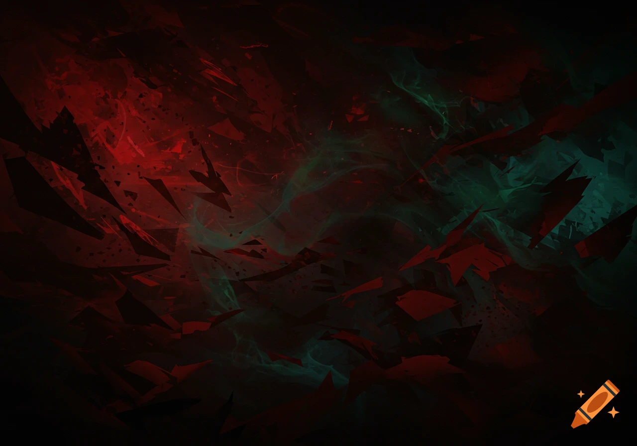 Abstract background with jagged red shapes and swirling teal smoke on a dark background.