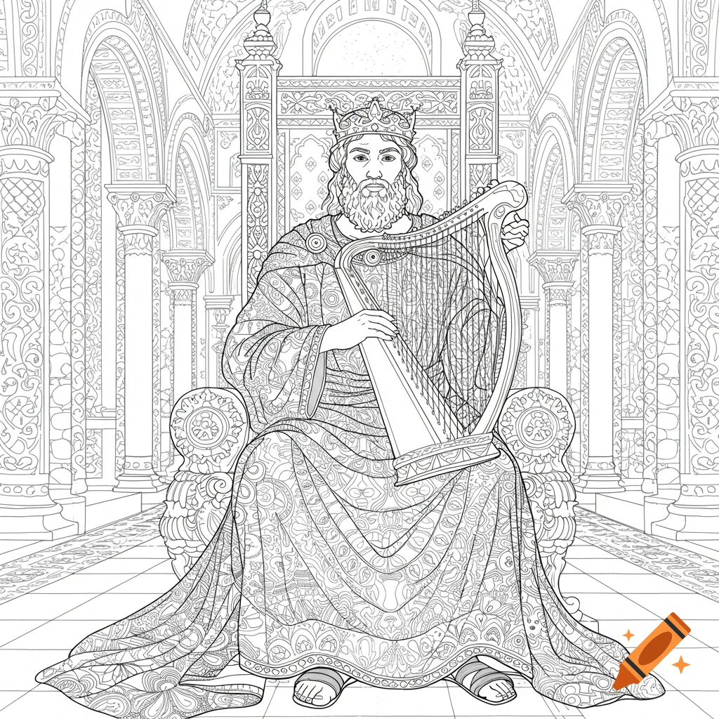 A detailed line art coloring page of King David playing a harp while seated on a throne in a grand hall.