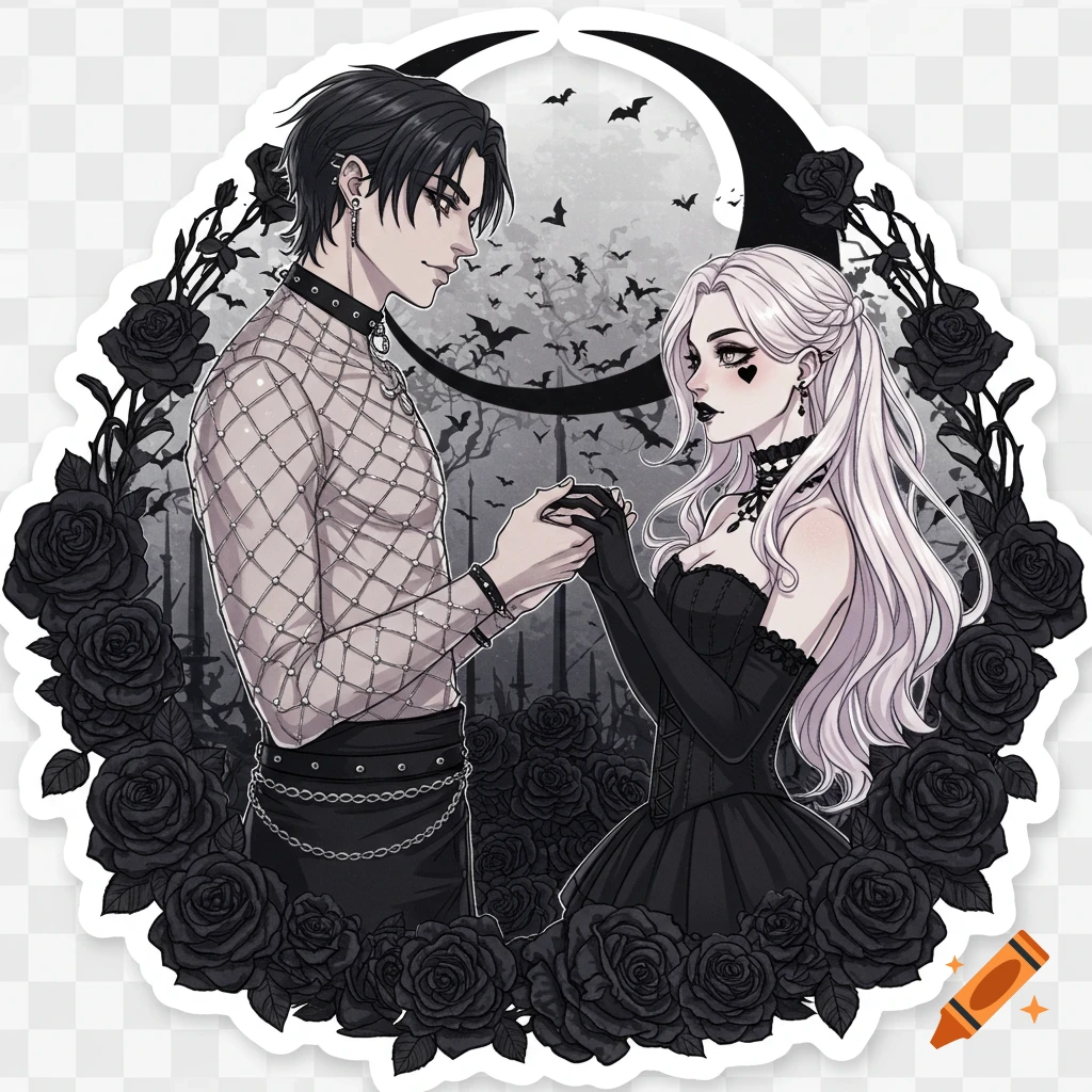 Anime-style illustration of a gothic couple holding hands, surrounded by black roses with a crescent moon and bats in the background.