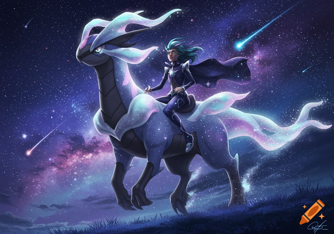 A blue-haired character in a futuristic suit rides a celestial, deer-like creature through a starry night sky.