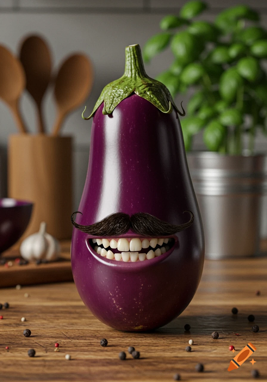 Photorealistic image of a purple eggplant with a large mustache and wide, toothy smile on a wooden counter with spices in a kitchen.