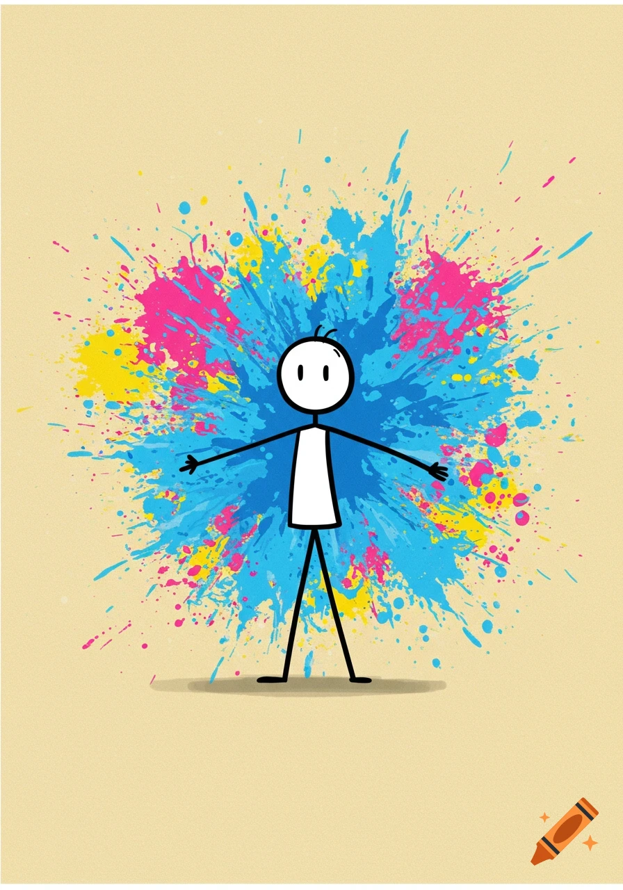 A simple stick figure with open arms stands against a vibrant explosion of blue, pink, and yellow paint splatters.