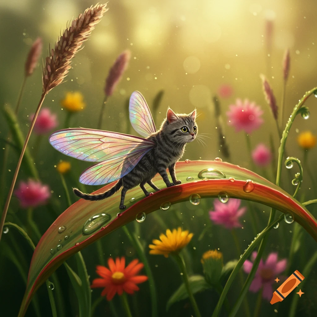 A whimsical tabby cat with iridescent fairy wings stands on a dew-covered leaf in a sunlit meadow of colorful flowers.