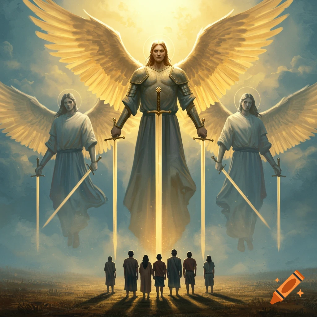 Three large, winged angels with glowing swords stand over a group of people looking up, bathed in golden light.
