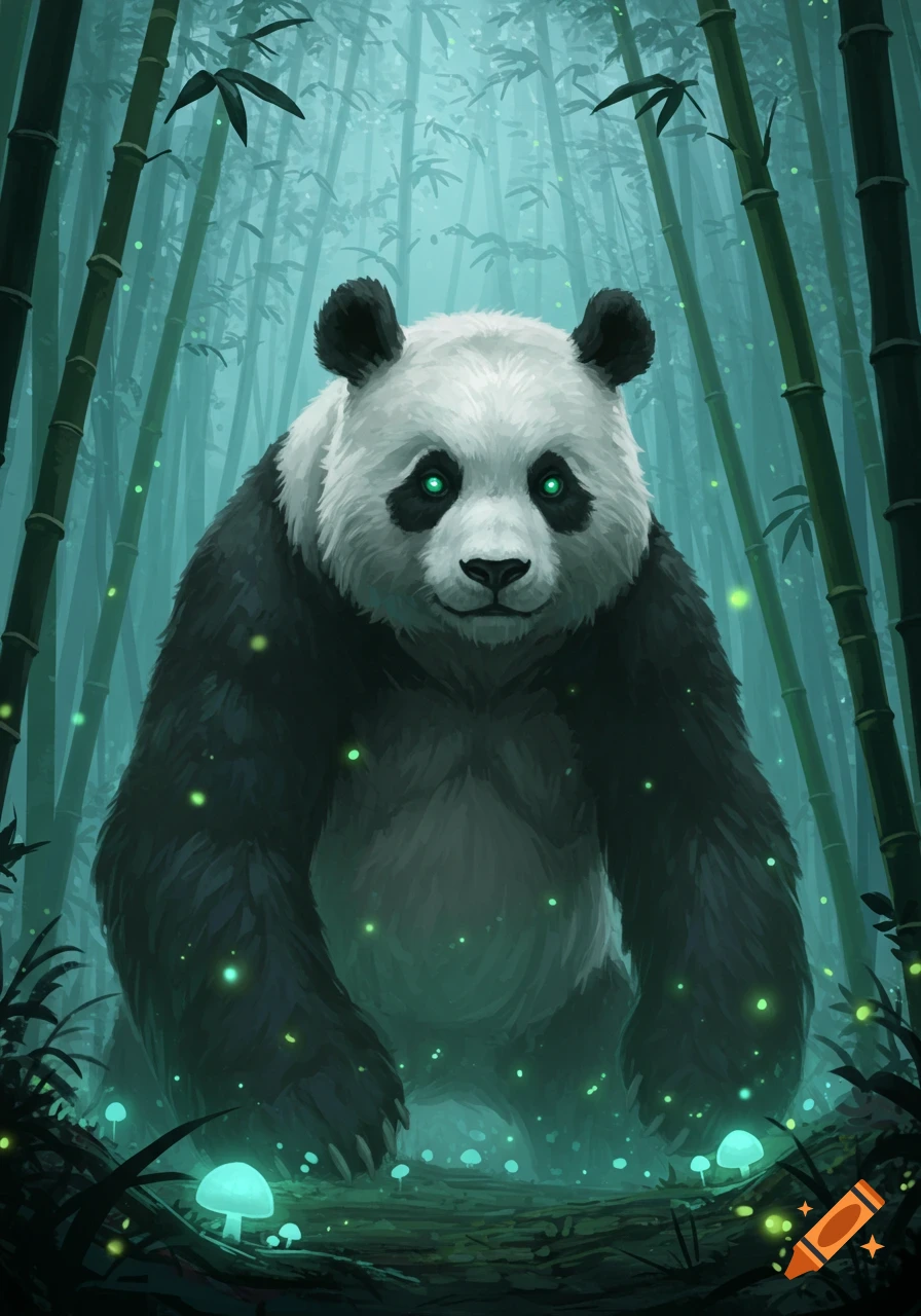 A large panda with glowing green eyes stands in a dark, mystical bamboo forest with glowing mushrooms and ambient green lights, digital painting.
