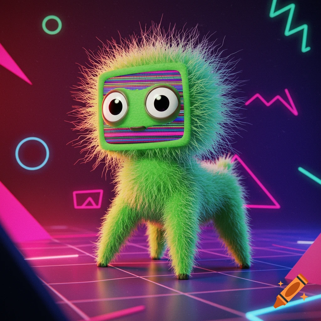 A fluffy green four-legged creature with a square TV-screen head and large eyes stands on a neon grid floor in a retro 80s setting.