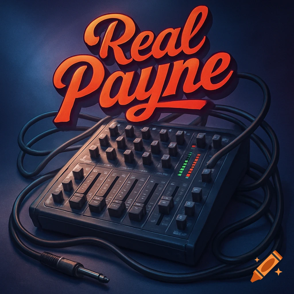 A close-up of a dark audio mixer with glowing lights and cables, featuring large orange text 'Real Payne' above it, in a cover art style.