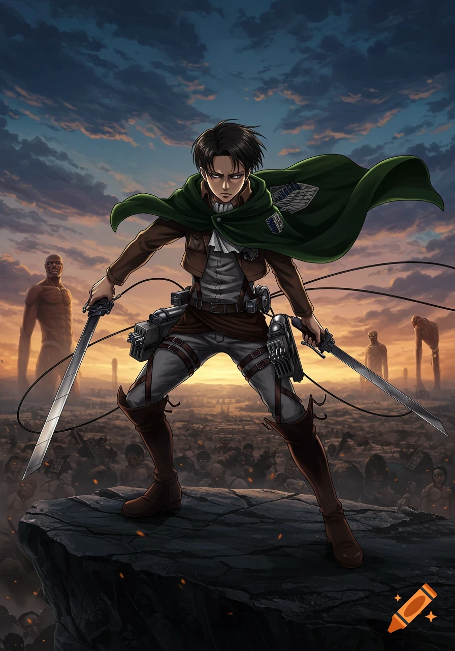 Anime illustration of Levi Ackerman with two blades, standing heroically on a rock above a battlefield with titans under a sunset sky.