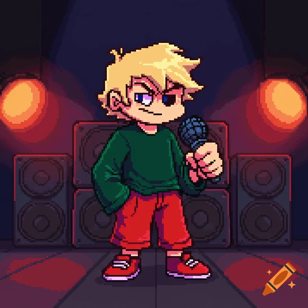 Pixel art depiction of a blonde character in a green shirt and red shorts, holding a microphone on a stage with large speakers.