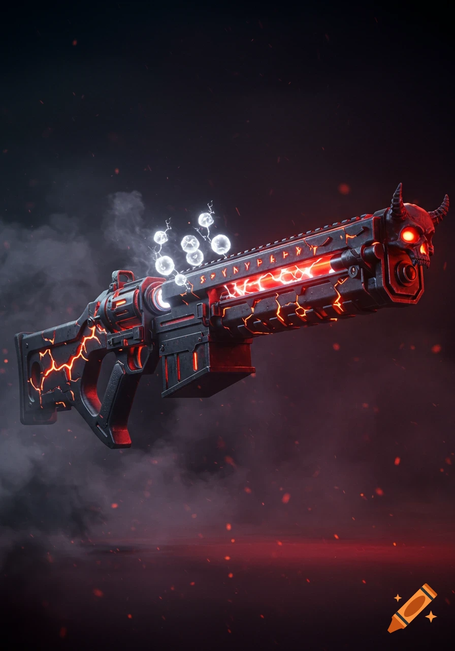 A demonic plasma railgun with glowing red lava cracks, a skull, runes, and floating white energy orbs in a smoky, dark setting.