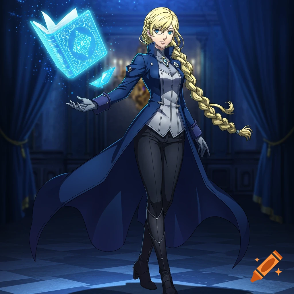 An anime woman with blonde braids in a blue coat stands in a dreamlike room, reaching towards a glowing magic book.
