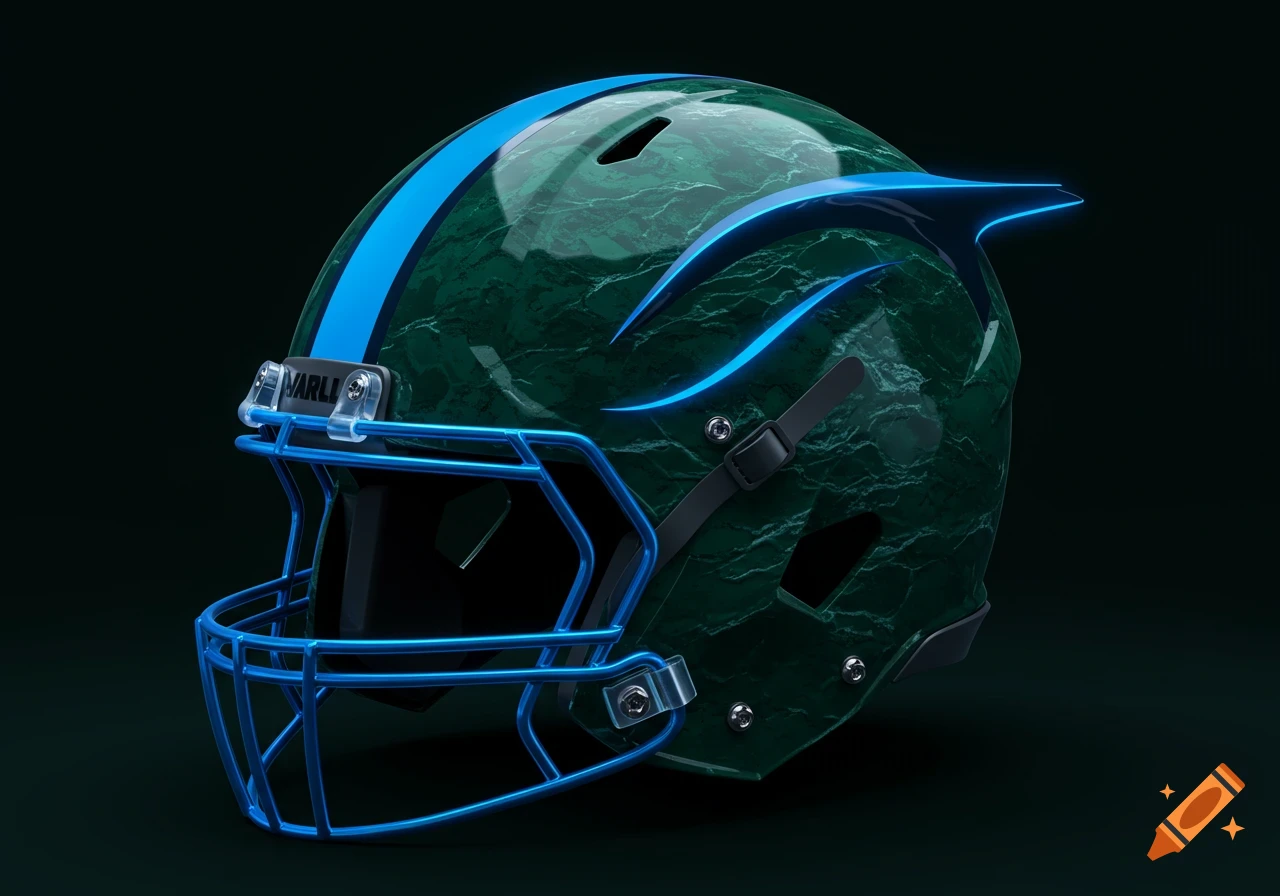 A sleek, futuristic football helmet in dark green with glowing electric blue stripes and wave textures, on a dark background.