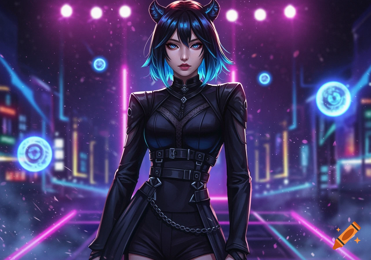 A black-clad K-pop idol with blue-tipped hair and horns stands on a neon-lit stage in a cyberpunk city.